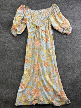 Roxy Dress Womens Medium Blue Floral Puff Sleeve Smocked Midi Sundress Boho